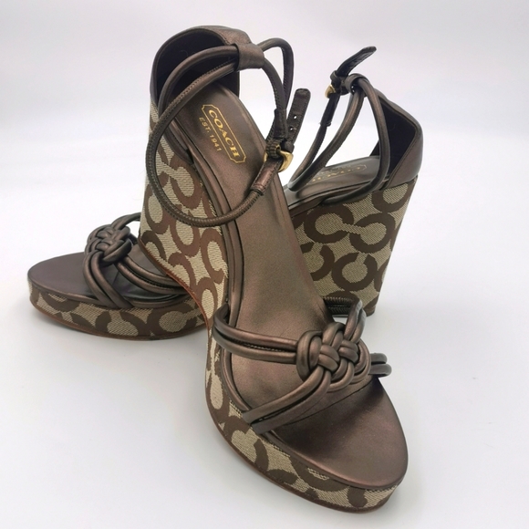Coach Kinsey Signature “C” Logo Wedge Platform Sandals, Ankle Strap, Brown & Tan - Picture 1 of 14